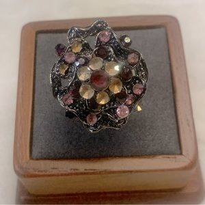 Rhinestone Victorian Bohemian Black Plated Floral Adjustable Band Ring